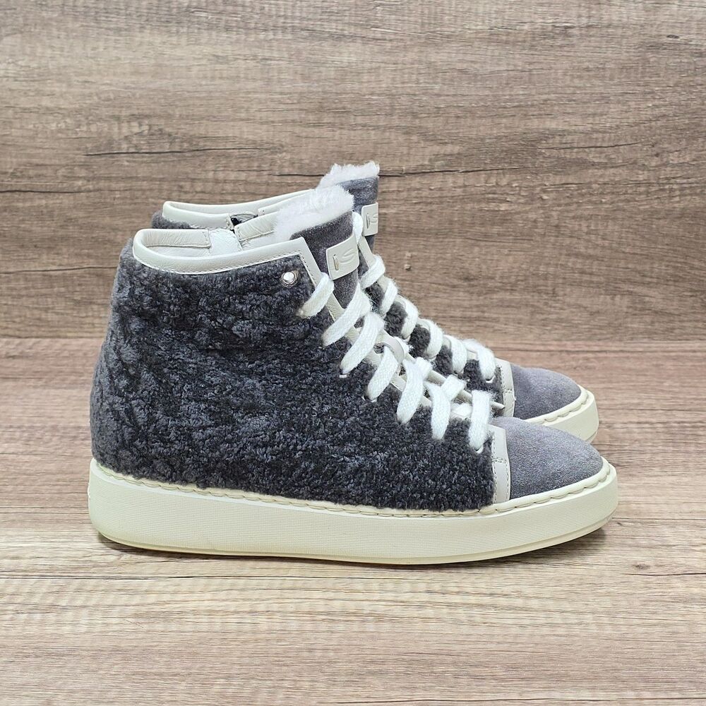 Santoni Gray Shearling High-Top Sneakers with White Trim